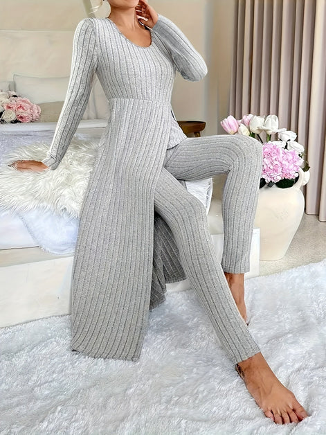 Plaid Zweiteiler – Rundhals-Top mit Schlitz & passende Hose