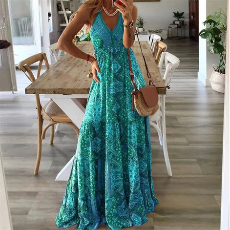 Elvaria Damen Maxikleid mit V-Ausschnitt und hoher Taille