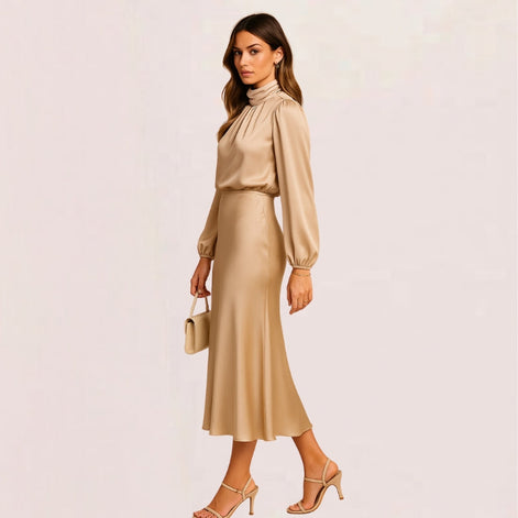 Seravelle Kleid – Damen Kleid mit Stehkragen, langen Ärmeln und Wickeloptik aus Satin