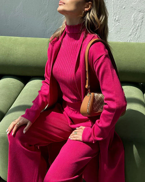 Selviora 3-teiliges Set mit Mantel Hose und Pullover in lockerer Passform für Alltag und Freizeit