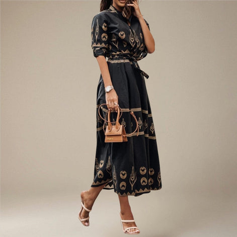 Lunarelle Damen Midikleid mit Print und Bindegürtel