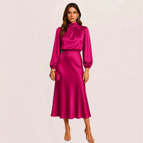 Seravelle Kleid – Damen Kleid mit Stehkragen, langen Ärmeln und Wickeloptik aus Satin