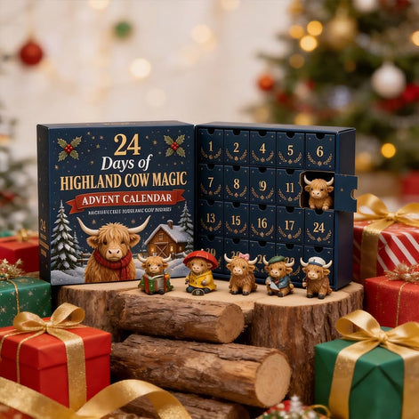 Highland Cow Adventskalender mit 24 Weihnachtsanhängern aus Acryl – Highlandessa