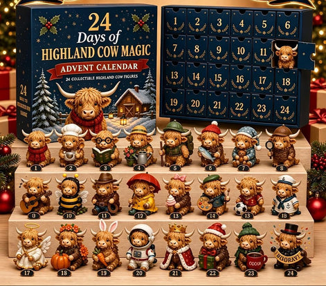 Highland Cow Adventskalender mit 24 Weihnachtsanhängern aus Acryl – Highlandessa