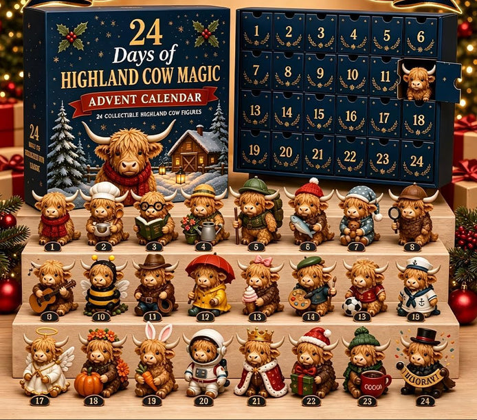 Highland Cow Adventskalender mit 24 Weihnachtsanhängern aus Acryl – Highlandessa