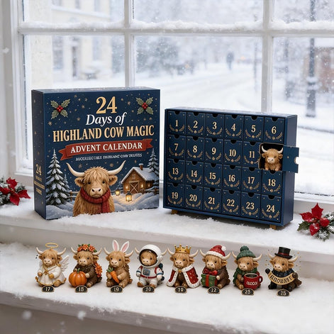 Highland Cow Adventskalender mit 24 Weihnachtsanhängern aus Acryl – Highlandessa