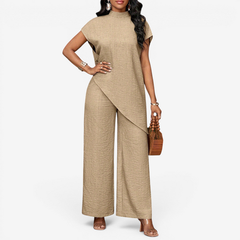 Damen Zweiteiler mit Rundhalsshirt und High-Waist Wide-Leg-Hose – Mirelva