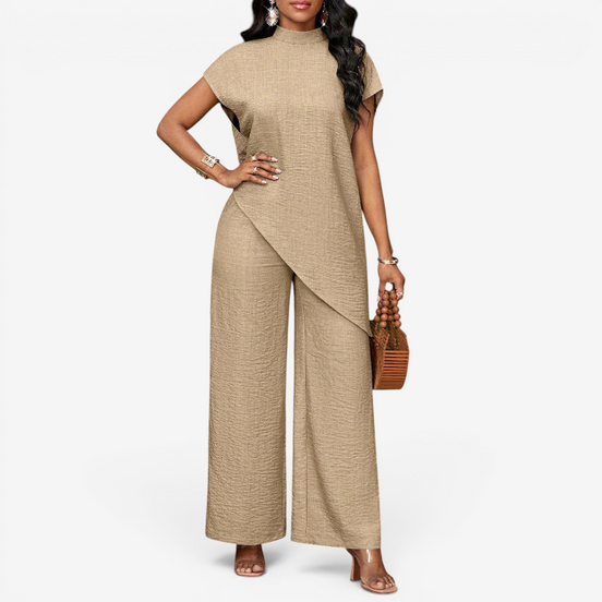 Damen Zweiteiler mit Rundhalsshirt und High-Waist Wide-Leg-Hose – Mirelva