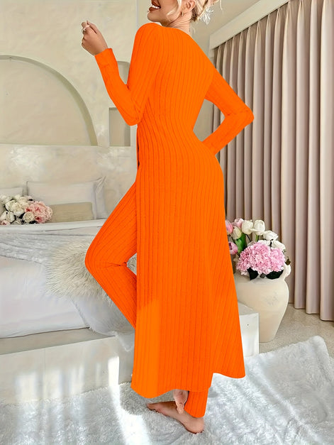 Plaid Zweiteiler – Rundhals-Top mit Schlitz & passende Hose