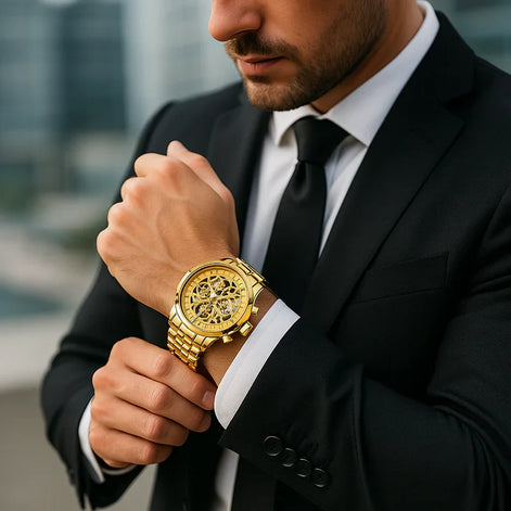 Virexon Herren Armbanduhr mit mechanischem Uhrwerk und Skelett-Zifferblatt