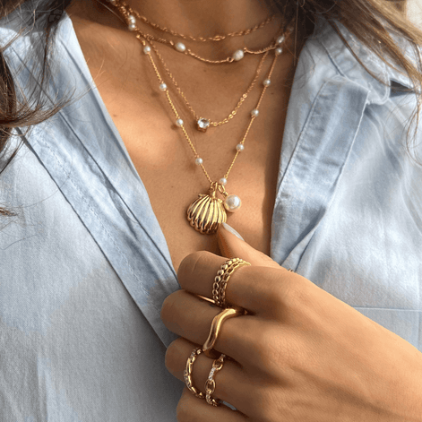 Damen Halskette mit Muschel, Seestern und Perlen – Marelissa