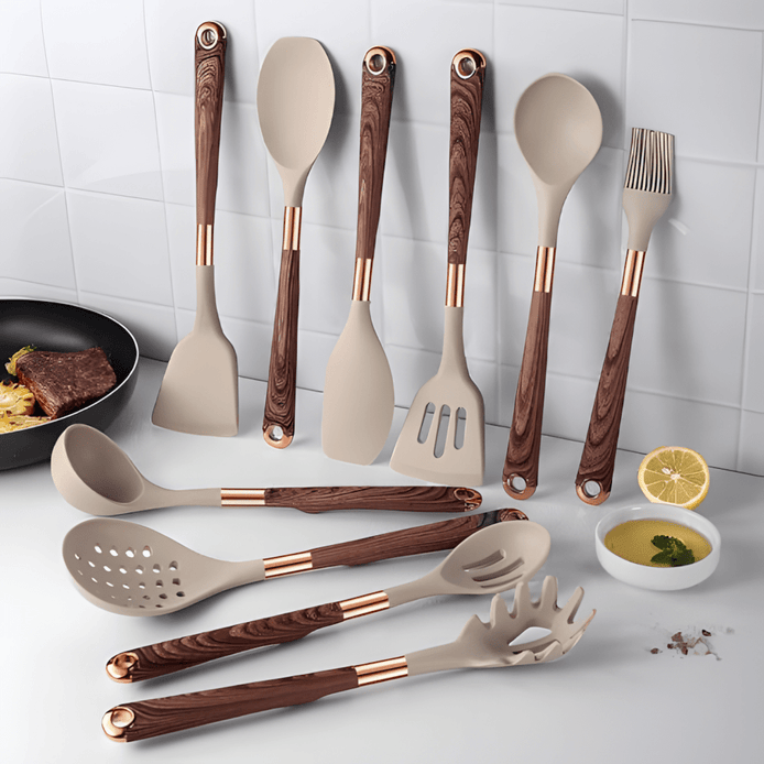 CookEase Silikon Küchenutensilien-Set – 10 Teile mit Holzgriffen