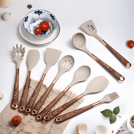CookEase Silikon Küchenutensilien-Set – 10 Teile mit Holzgriffen