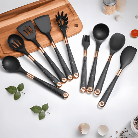 CookEase Silikon Küchenutensilien-Set – 10 Teile mit Holzgriffen