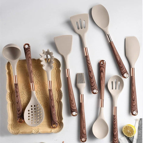 CookEase Silikon Küchenutensilien-Set – 10 Teile mit Holzgriffen