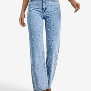 Damen Jeans mit hoher Taille, geradem Bein und Perlendetails Selviora