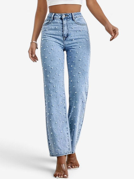 Damen Jeans mit hoher Taille, geradem Bein und Perlendetails Selviora