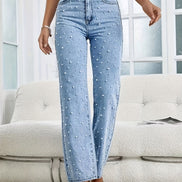 Damen Jeans mit hoher Taille, geradem Bein und Perlendetails Selviora
