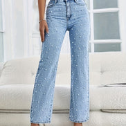 Damen Jeans mit hoher Taille, geradem Bein und Perlendetails Selviora