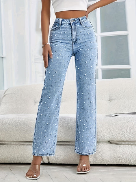 Damen Jeans mit hoher Taille, geradem Bein und Perlendetails Selviora