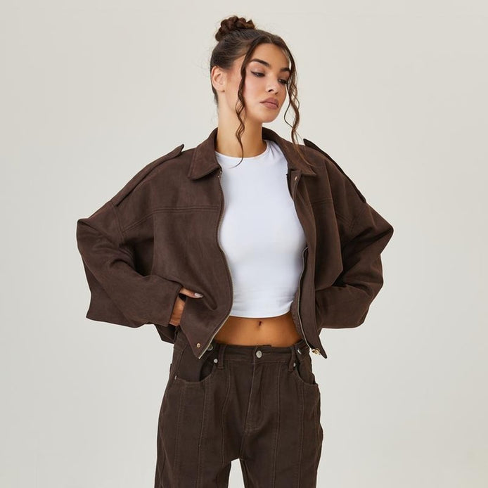 Damen Oversize Bomberjacke aus Wildlederoptik – Virella