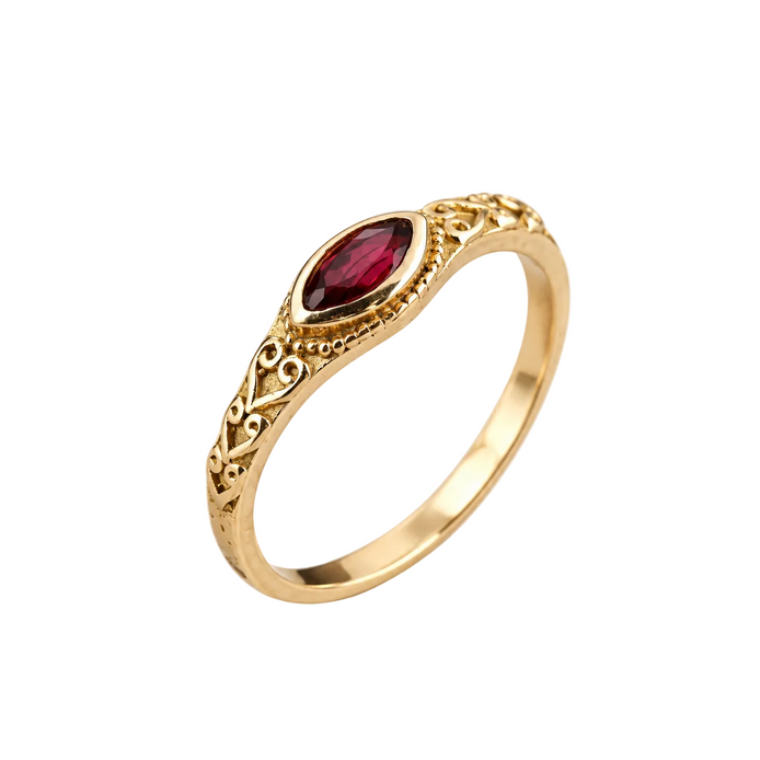 Damen Statement-Ring mit rotem Stein und ornamentaler Fassung – Rubelissa
