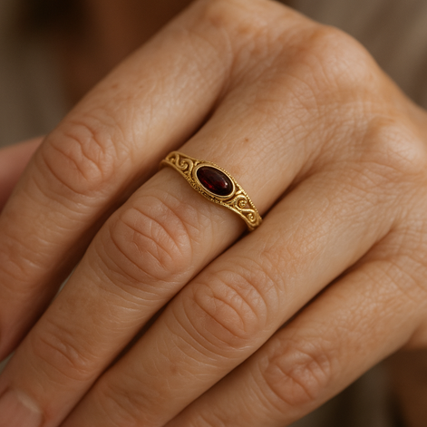 Damen Statement-Ring mit rotem Stein und ornamentaler Fassung – Rubelissa