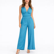 Damen Ärmelloser Jumpsuit mit Tiefem V-Ausschnitt und Weitem Bein – Solmira