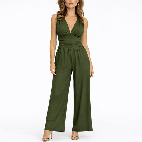 Damen Ärmelloser Jumpsuit mit Tiefem V-Ausschnitt und Weitem Bein – Solmira