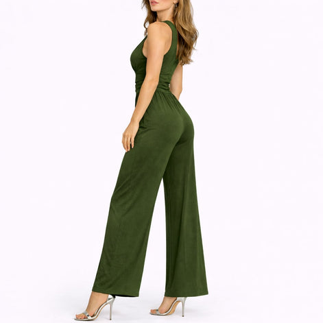 Damen Ärmelloser Jumpsuit mit Tiefem V-Ausschnitt und Weitem Bein – Solmira