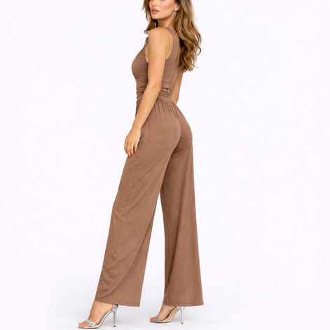 Damen Ärmelloser Jumpsuit mit Tiefem V-Ausschnitt und Weitem Bein – Solmira
