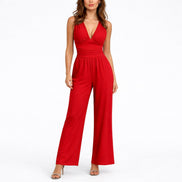 Damen Ärmelloser Jumpsuit mit Tiefem V-Ausschnitt und Weitem Bein – Solmira
