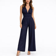 Damen Ärmelloser Jumpsuit mit Tiefem V-Ausschnitt und Weitem Bein – Solmira