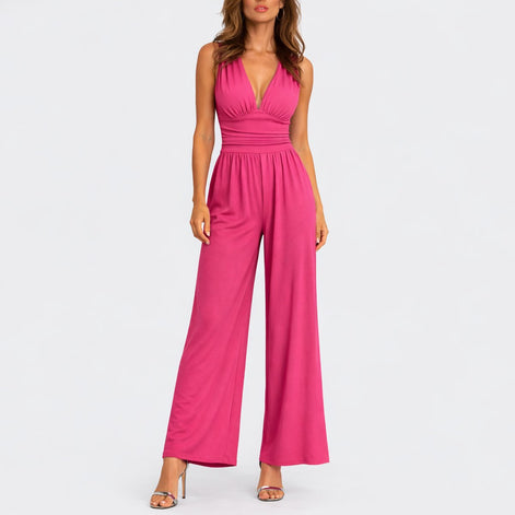 Damen Ärmelloser Jumpsuit mit Tiefem V-Ausschnitt und Weitem Bein – Solmira