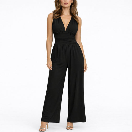 Damen Ärmelloser Jumpsuit mit Tiefem V-Ausschnitt und Weitem Bein – Solmira