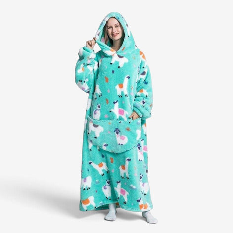 Extra lange Hoodie-Decke mit Alpaka-Motiv und Sherpa-Fleece – Alpakoria