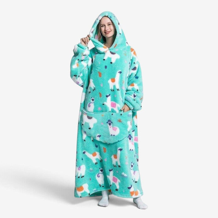 Extra lange Hoodie-Decke mit Alpaka-Motiv und Sherpa-Fleece – Alpakoria