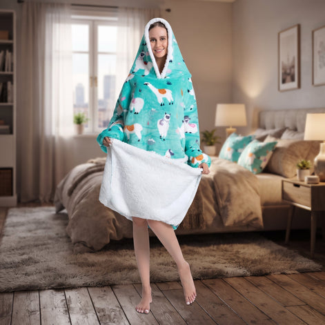 Extra lange Hoodie-Decke mit Alpaka-Motiv und Sherpa-Fleece – Alpakoria