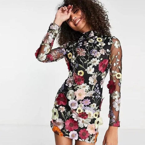 Florvella Kleid – Damen Kleid mit Stehkragen, langen Ärmeln und floralem Muster