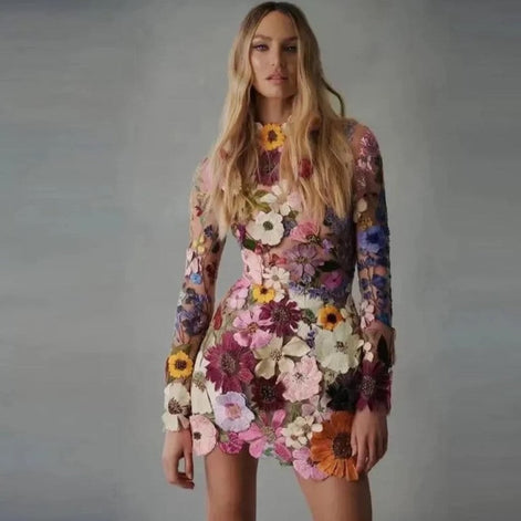 Florvella Kleid – Damen Kleid mit Stehkragen, langen Ärmeln und floralem Muster
