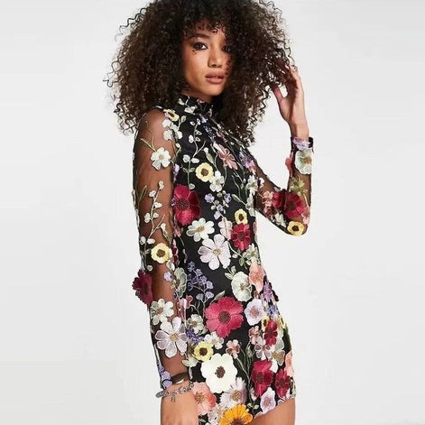 Florvella Kleid – Damen Kleid mit Stehkragen, langen Ärmeln und floralem Muster