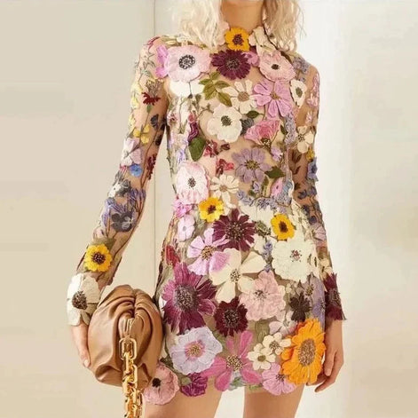 Florvella Kleid – Damen Kleid mit Stehkragen, langen Ärmeln und floralem Muster