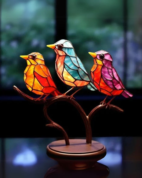 Tischlampe aus Buntglas in Vogelform