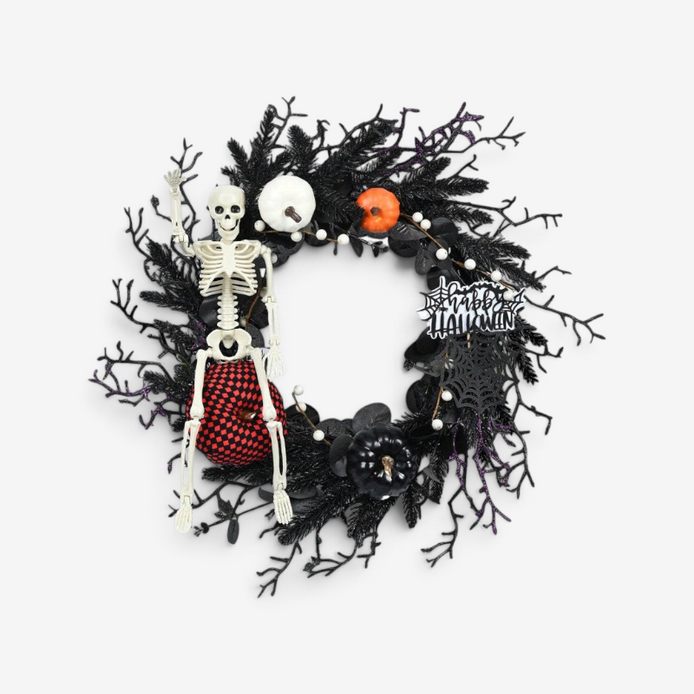 Halloween Türkranz mit Skelett- und Kürbisdesign – Vespera