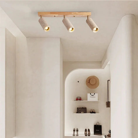 Marviro LED Deckenleuchte mit drei Strahlern aus Holz und Marmoroptik