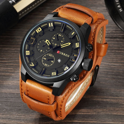 Herren Armbanduhr mit Lederarmband und Quarzwerk