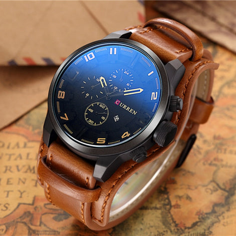Herren Armbanduhr mit Lederarmband und Quarzwerk