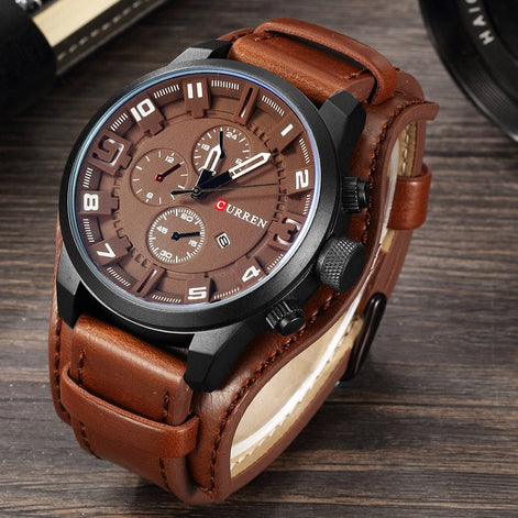 Herren Armbanduhr mit Lederarmband und Quarzwerk