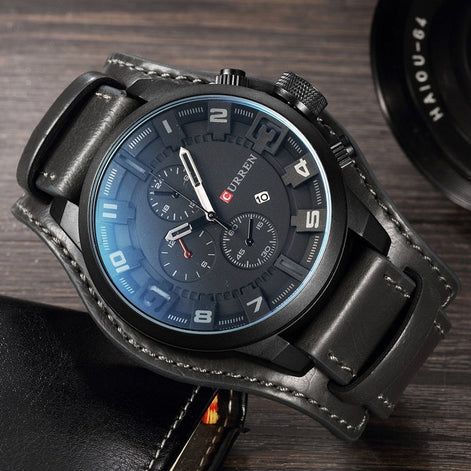 Herren Armbanduhr mit Lederarmband und Quarzwerk