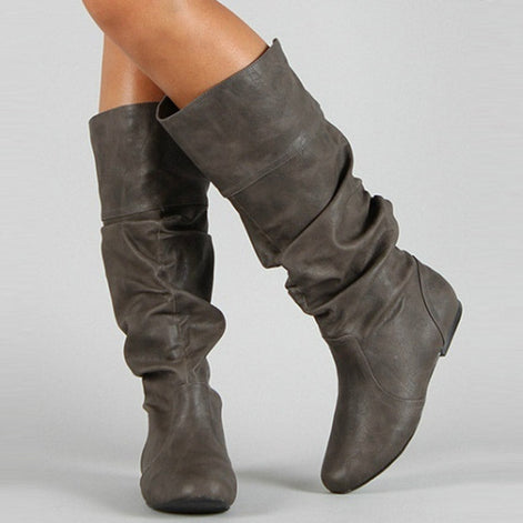 Damen Langschaftstiefel mit Raffung und niedrigem Absatz Elvarenne